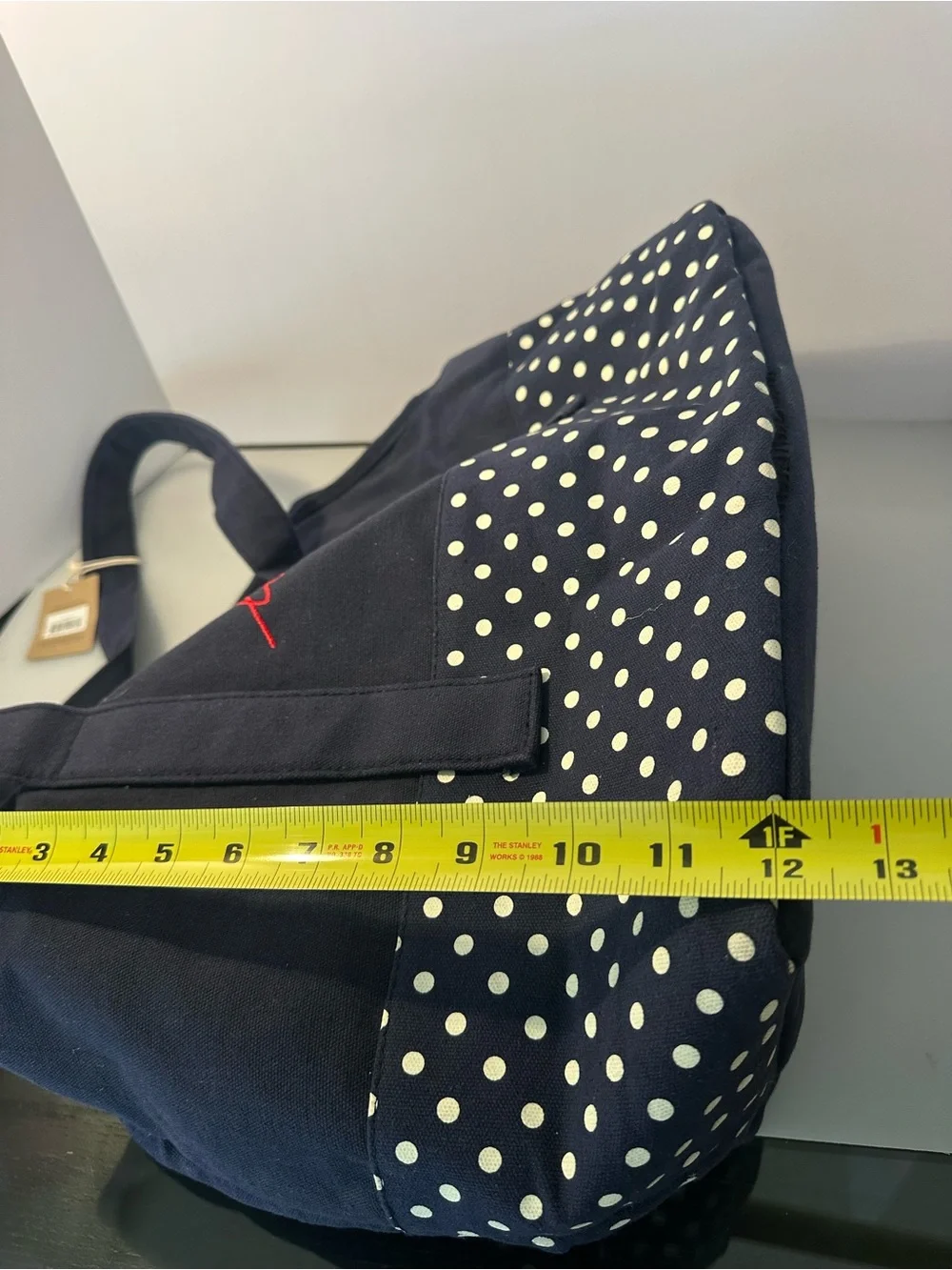 Ellen Degeneres blue & White Polka Dot Pet Carrier with Red 'Love' Stitch